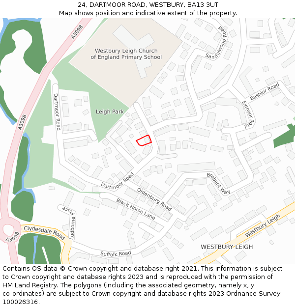 24, DARTMOOR ROAD, WESTBURY, BA13 3UT: Location map and indicative extent of plot