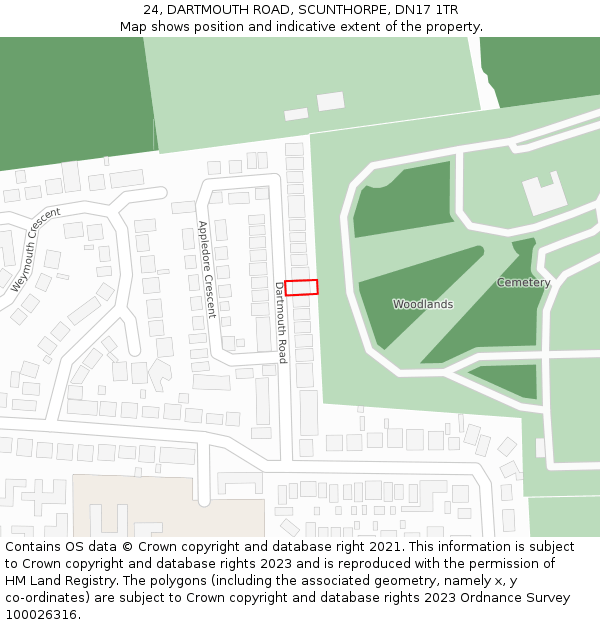 24, DARTMOUTH ROAD, SCUNTHORPE, DN17 1TR: Location map and indicative extent of plot