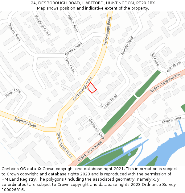 24, DESBOROUGH ROAD, HARTFORD, HUNTINGDON, PE29 1RX: Location map and indicative extent of plot