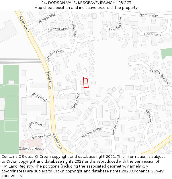 24, DODSON VALE, KESGRAVE, IPSWICH, IP5 2GT: Location map and indicative extent of plot
