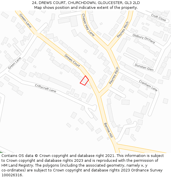 24, DREWS COURT, CHURCHDOWN, GLOUCESTER, GL3 2LD: Location map and indicative extent of plot