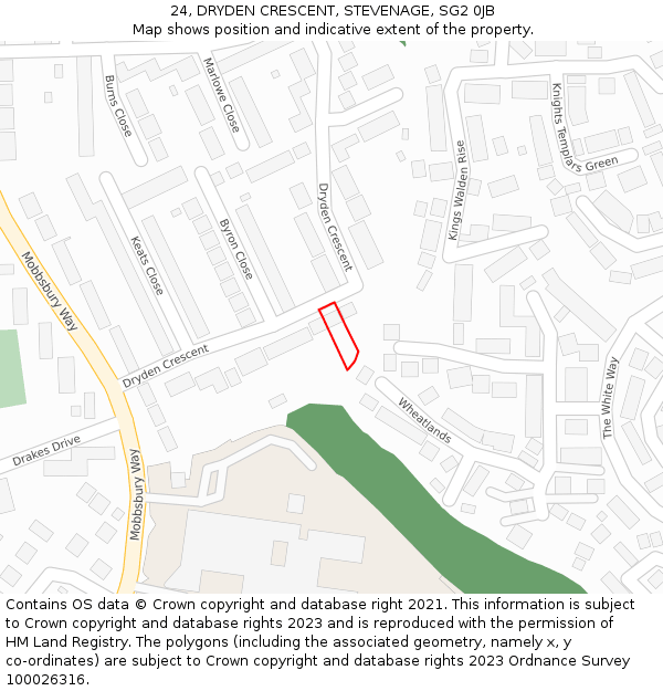24, DRYDEN CRESCENT, STEVENAGE, SG2 0JB: Location map and indicative extent of plot