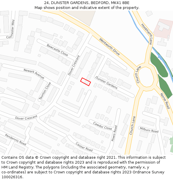 24, DUNSTER GARDENS, BEDFORD, MK41 8BE: Location map and indicative extent of plot