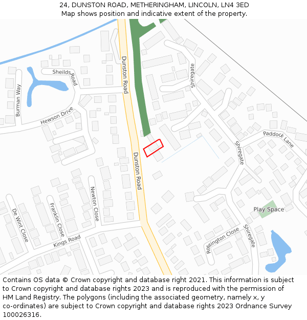 24, DUNSTON ROAD, METHERINGHAM, LINCOLN, LN4 3ED: Location map and indicative extent of plot