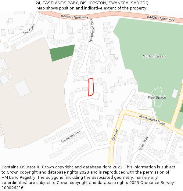24, EASTLANDS PARK, BISHOPSTON, SWANSEA, SA3 3DQ: Location map and indicative extent of plot