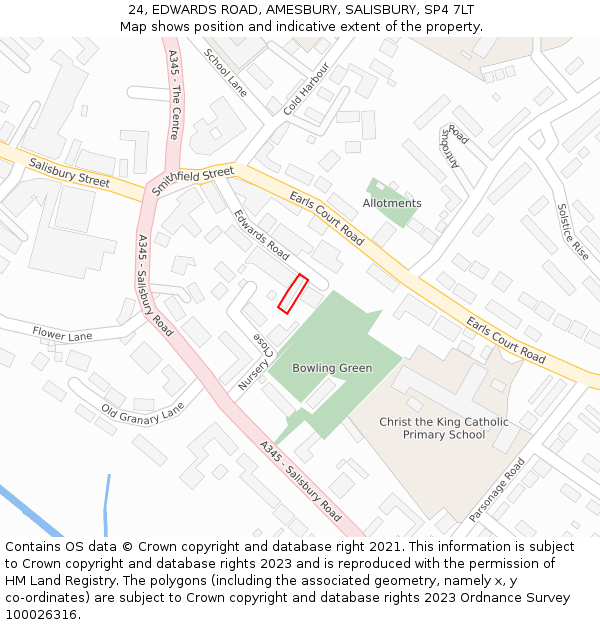 24, EDWARDS ROAD, AMESBURY, SALISBURY, SP4 7LT: Location map and indicative extent of plot