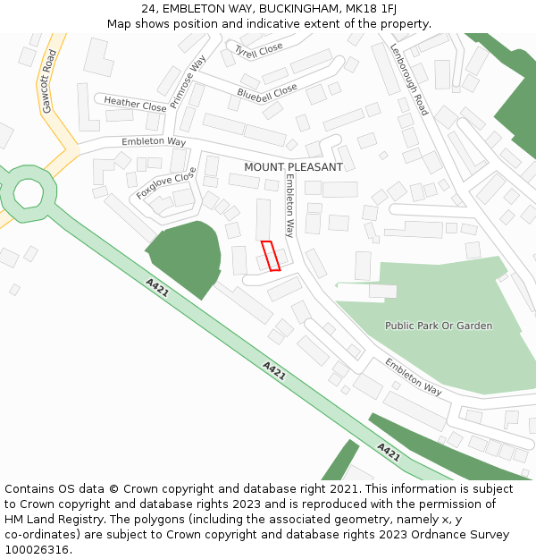 24, EMBLETON WAY, BUCKINGHAM, MK18 1FJ: Location map and indicative extent of plot