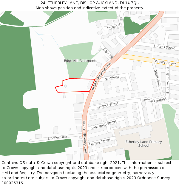 24, ETHERLEY LANE, BISHOP AUCKLAND, DL14 7QU: Location map and indicative extent of plot