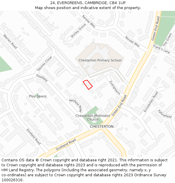24, EVERGREENS, CAMBRIDGE, CB4 1UP: Location map and indicative extent of plot