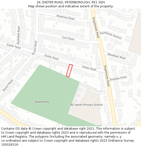 24, EXETER ROAD, PETERBOROUGH, PE1 3QN: Location map and indicative extent of plot