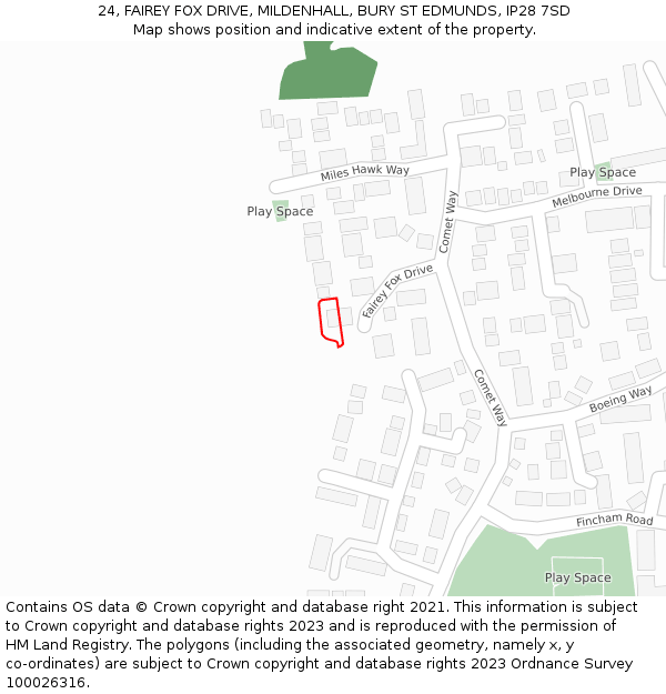 24, FAIREY FOX DRIVE, MILDENHALL, BURY ST EDMUNDS, IP28 7SD: Location map and indicative extent of plot