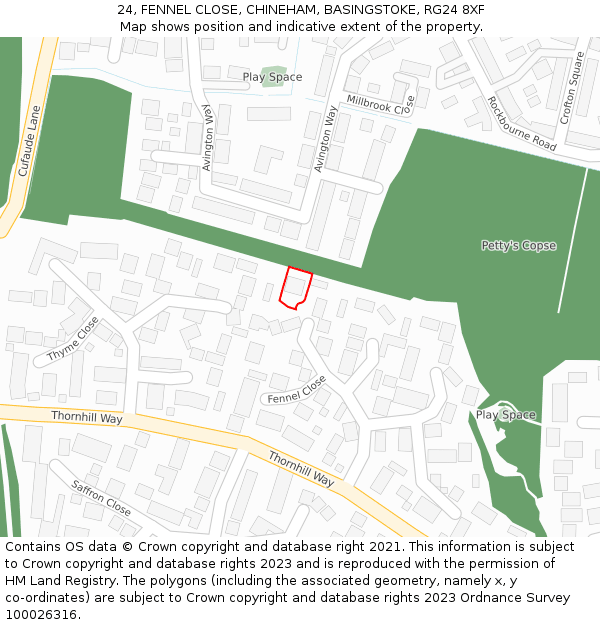 24, FENNEL CLOSE, CHINEHAM, BASINGSTOKE, RG24 8XF: Location map and indicative extent of plot