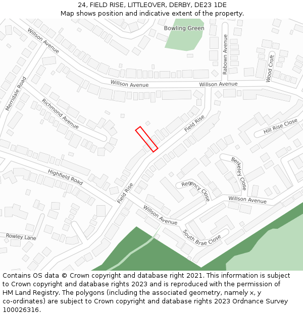 24, FIELD RISE, LITTLEOVER, DERBY, DE23 1DE: Location map and indicative extent of plot