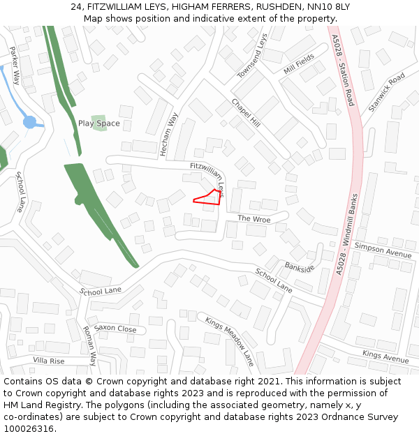 24, FITZWILLIAM LEYS, HIGHAM FERRERS, RUSHDEN, NN10 8LY: Location map and indicative extent of plot
