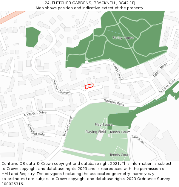 24, FLETCHER GARDENS, BRACKNELL, RG42 1FJ: Location map and indicative extent of plot