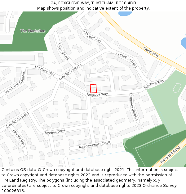 24, FOXGLOVE WAY, THATCHAM, RG18 4DB: Location map and indicative extent of plot