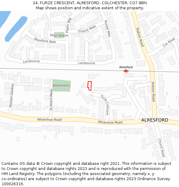 24, FURZE CRESCENT, ALRESFORD, COLCHESTER, CO7 8BN: Location map and indicative extent of plot