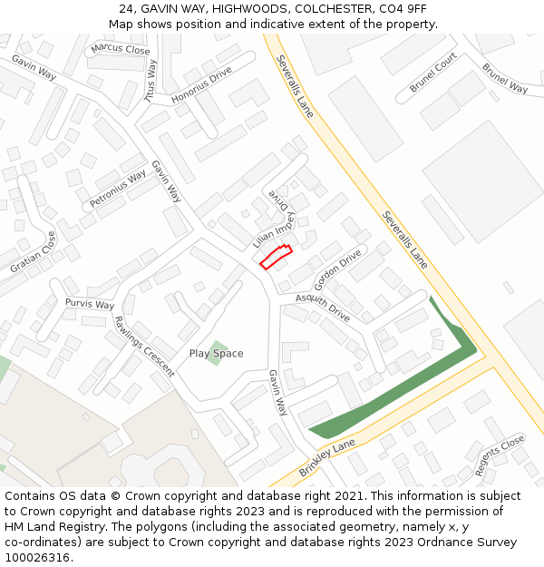 24, GAVIN WAY, HIGHWOODS, COLCHESTER, CO4 9FF: Location map and indicative extent of plot
