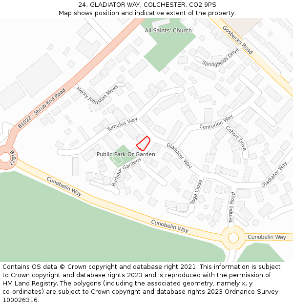 24, GLADIATOR WAY, COLCHESTER, CO2 9PS: Location map and indicative extent of plot