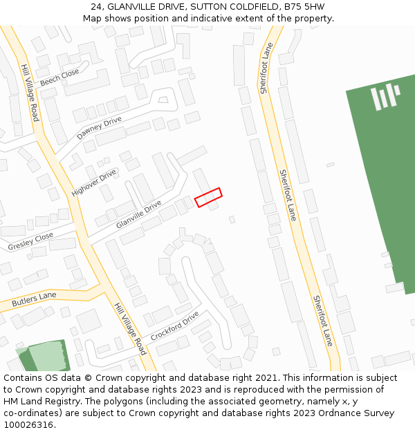 24, GLANVILLE DRIVE, SUTTON COLDFIELD, B75 5HW: Location map and indicative extent of plot