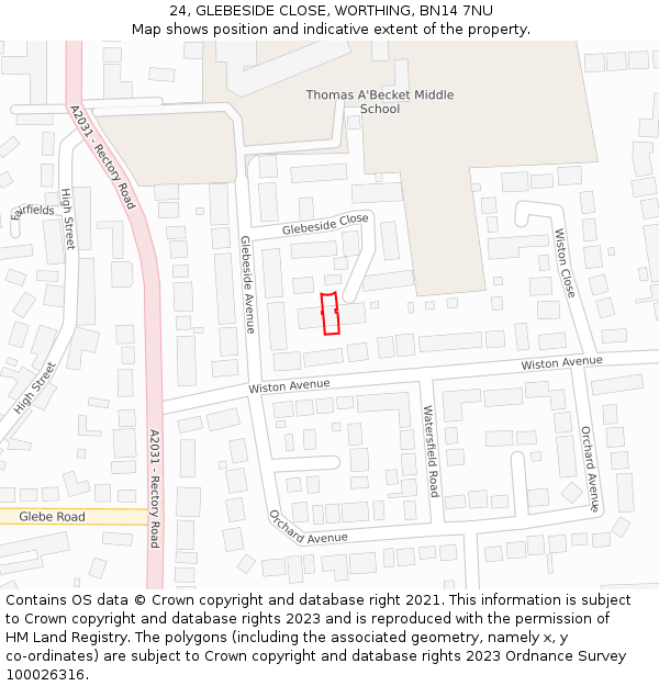 24, GLEBESIDE CLOSE, WORTHING, BN14 7NU: Location map and indicative extent of plot