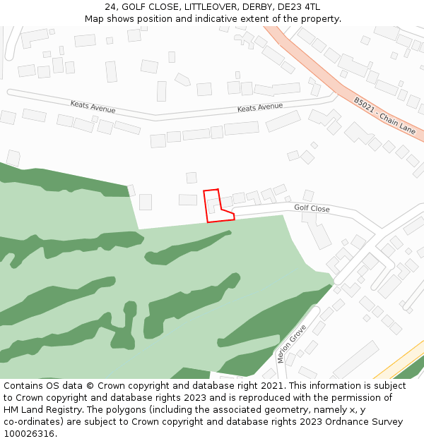 24, GOLF CLOSE, LITTLEOVER, DERBY, DE23 4TL: Location map and indicative extent of plot