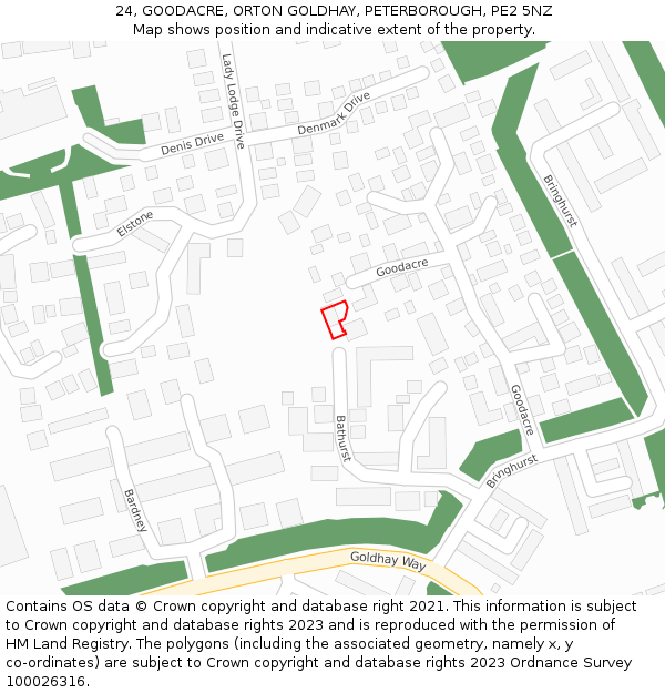24, GOODACRE, ORTON GOLDHAY, PETERBOROUGH, PE2 5NZ: Location map and indicative extent of plot