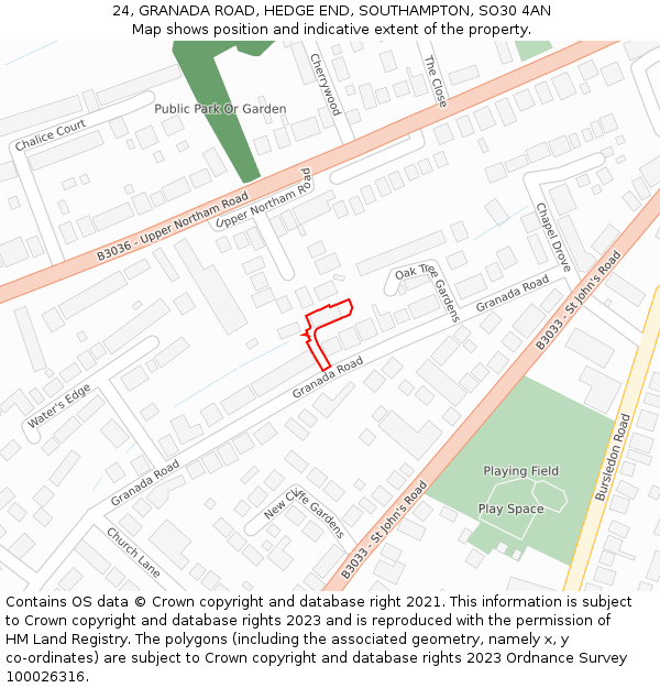 24, GRANADA ROAD, HEDGE END, SOUTHAMPTON, SO30 4AN: Location map and indicative extent of plot