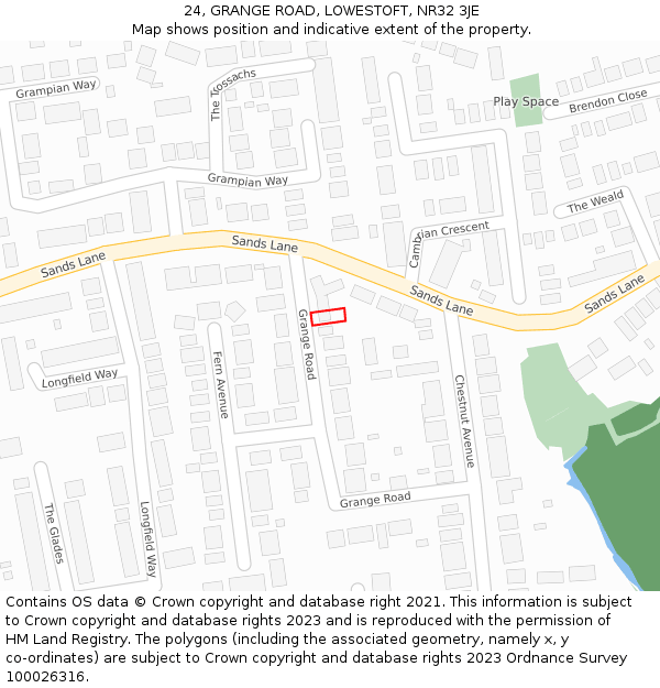 24, GRANGE ROAD, LOWESTOFT, NR32 3JE: Location map and indicative extent of plot