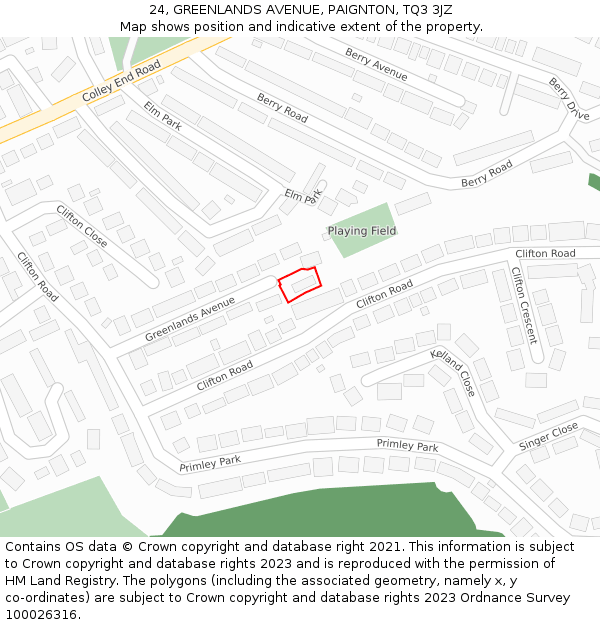 24, GREENLANDS AVENUE, PAIGNTON, TQ3 3JZ: Location map and indicative extent of plot