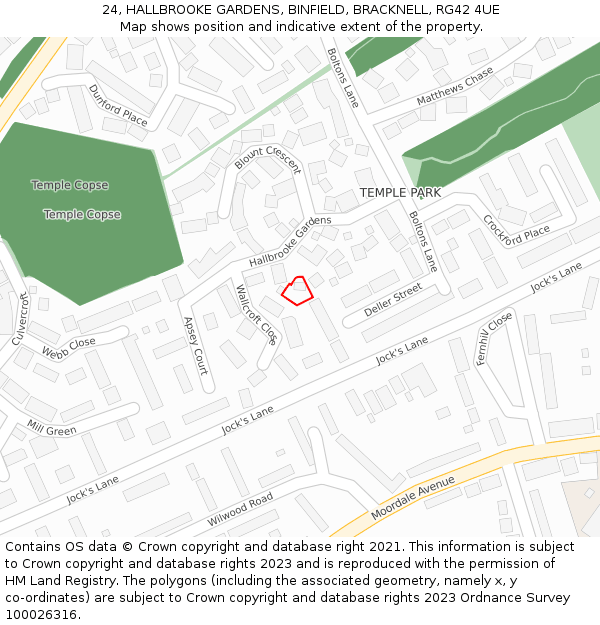24, HALLBROOKE GARDENS, BINFIELD, BRACKNELL, RG42 4UE: Location map and indicative extent of plot
