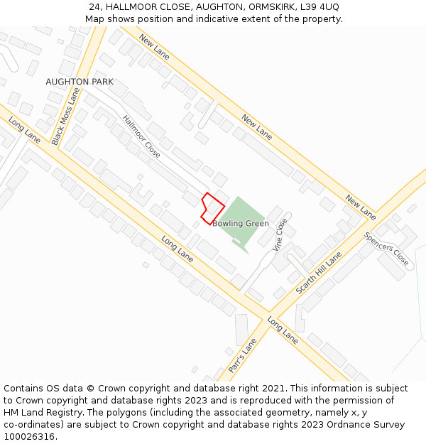 24, HALLMOOR CLOSE, AUGHTON, ORMSKIRK, L39 4UQ: Location map and indicative extent of plot