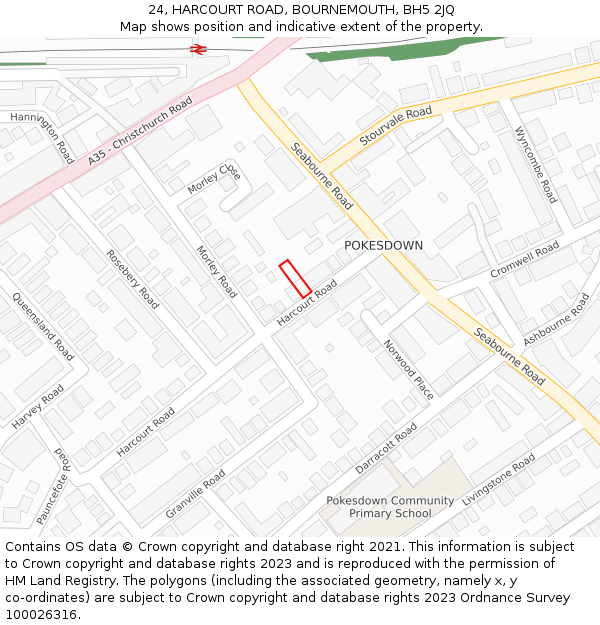 24, HARCOURT ROAD, BOURNEMOUTH, BH5 2JQ: Location map and indicative extent of plot