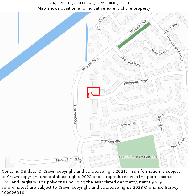 24, HARLEQUIN DRIVE, SPALDING, PE11 3GL: Location map and indicative extent of plot