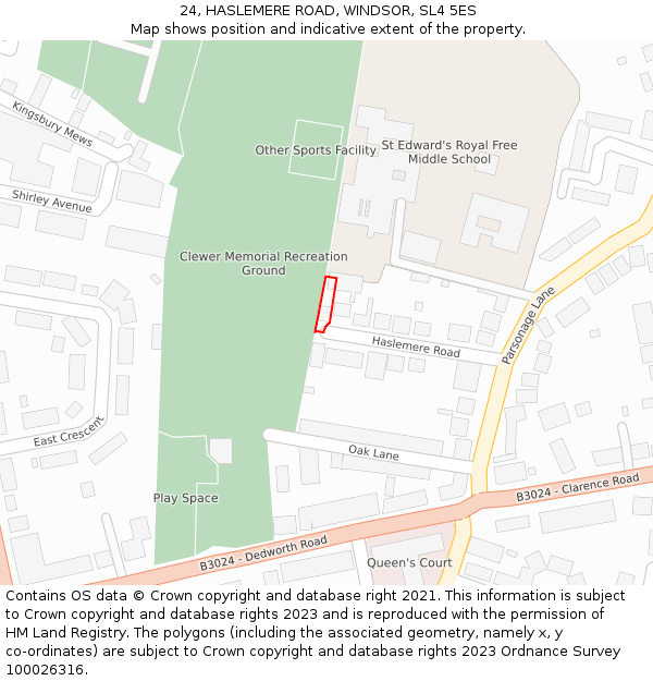 24, HASLEMERE ROAD, WINDSOR, SL4 5ES: Location map and indicative extent of plot