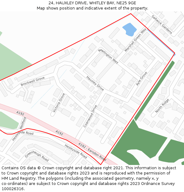 24, HAUXLEY DRIVE, WHITLEY BAY, NE25 9GE: Location map and indicative extent of plot