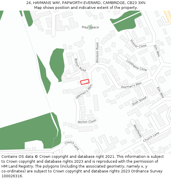 24, HAYMANS WAY, PAPWORTH EVERARD, CAMBRIDGE, CB23 3XN: Location map and indicative extent of plot