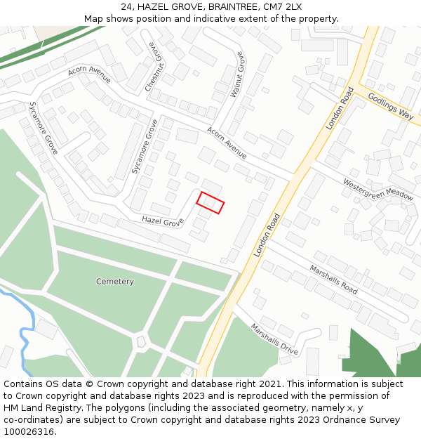 24, HAZEL GROVE, BRAINTREE, CM7 2LX: Location map and indicative extent of plot