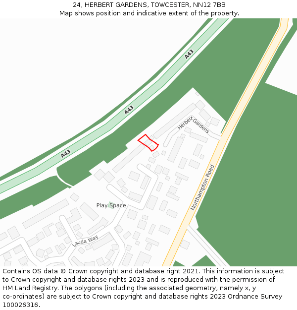 24, HERBERT GARDENS, TOWCESTER, NN12 7BB: Location map and indicative extent of plot