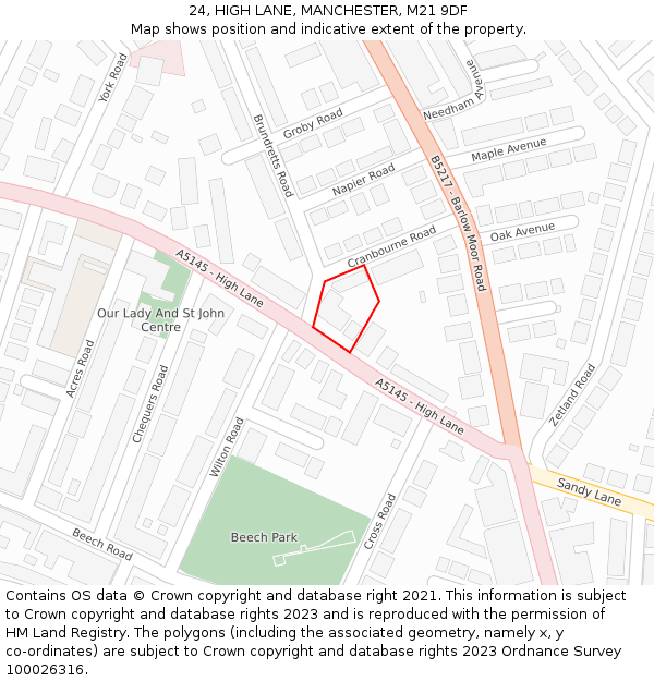 24, HIGH LANE, MANCHESTER, M21 9DF: Location map and indicative extent of plot