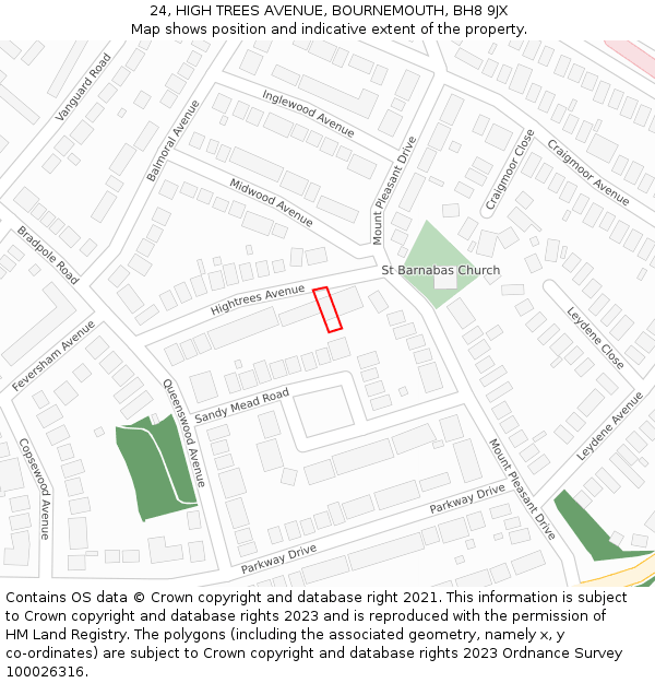 24, HIGH TREES AVENUE, BOURNEMOUTH, BH8 9JX: Location map and indicative extent of plot