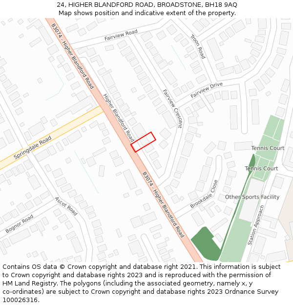 24, HIGHER BLANDFORD ROAD, BROADSTONE, BH18 9AQ: Location map and indicative extent of plot