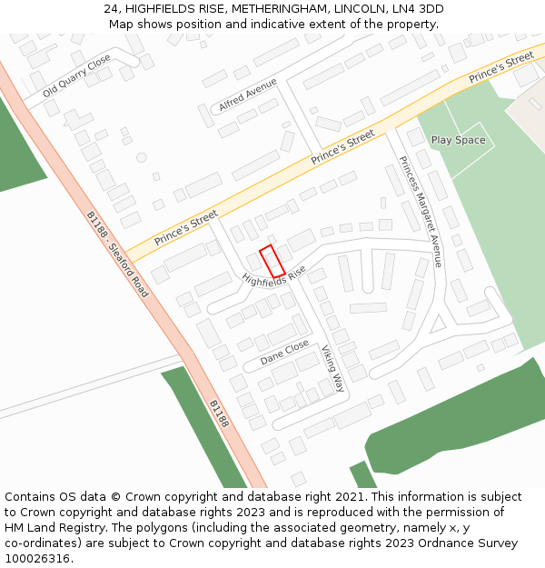 24, HIGHFIELDS RISE, METHERINGHAM, LINCOLN, LN4 3DD: Location map and indicative extent of plot
