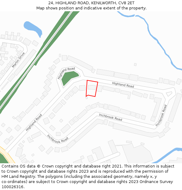 24, HIGHLAND ROAD, KENILWORTH, CV8 2ET: Location map and indicative extent of plot