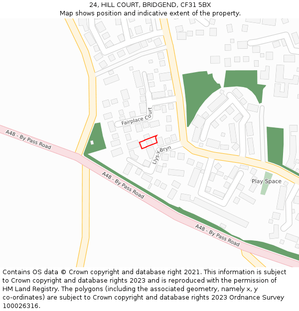 24, HILL COURT, BRIDGEND, CF31 5BX: Location map and indicative extent of plot
