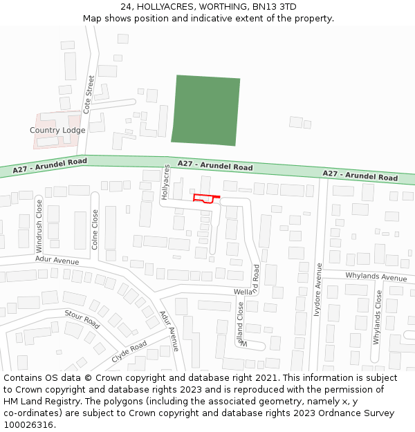24, HOLLYACRES, WORTHING, BN13 3TD: Location map and indicative extent of plot