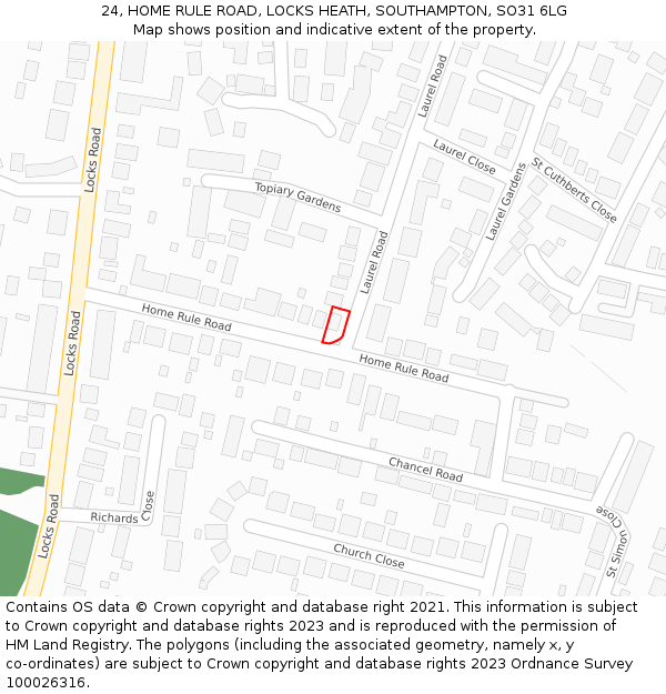 24, HOME RULE ROAD, LOCKS HEATH, SOUTHAMPTON, SO31 6LG: Location map and indicative extent of plot