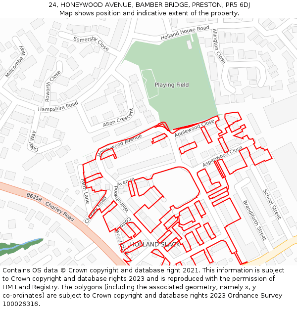 24, HONEYWOOD AVENUE, BAMBER BRIDGE, PRESTON, PR5 6DJ: Location map and indicative extent of plot