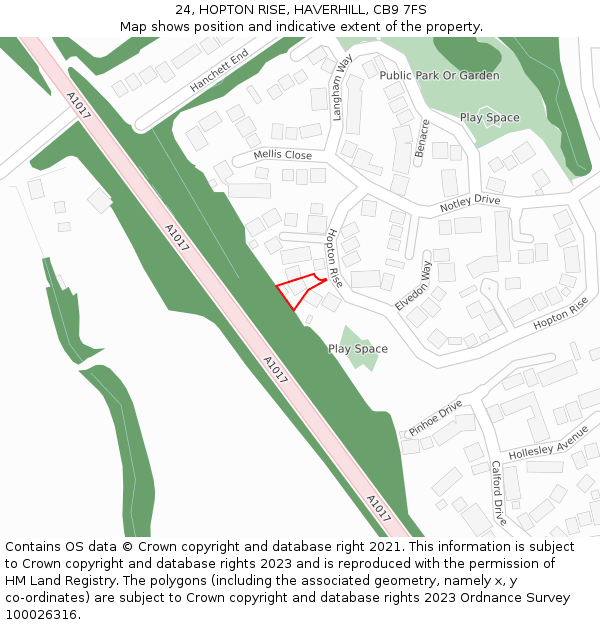 24, HOPTON RISE, HAVERHILL, CB9 7FS: Location map and indicative extent of plot
