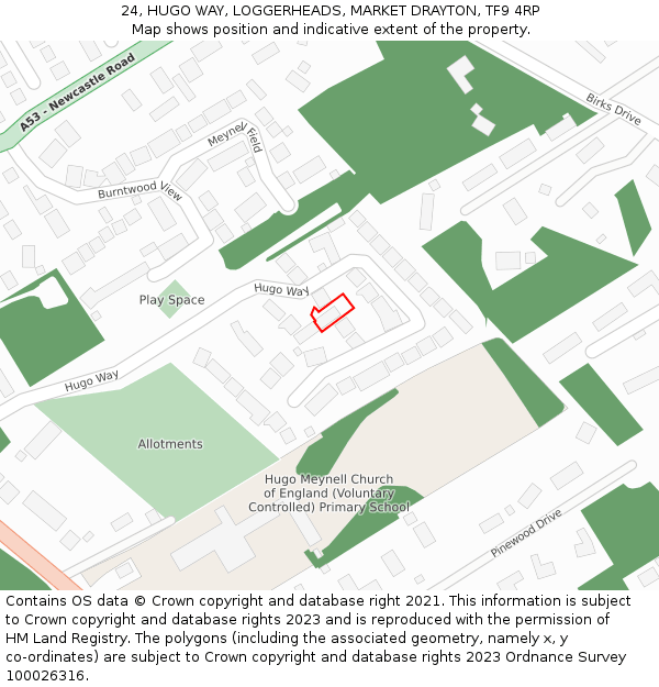 24, HUGO WAY, LOGGERHEADS, MARKET DRAYTON, TF9 4RP: Location map and indicative extent of plot